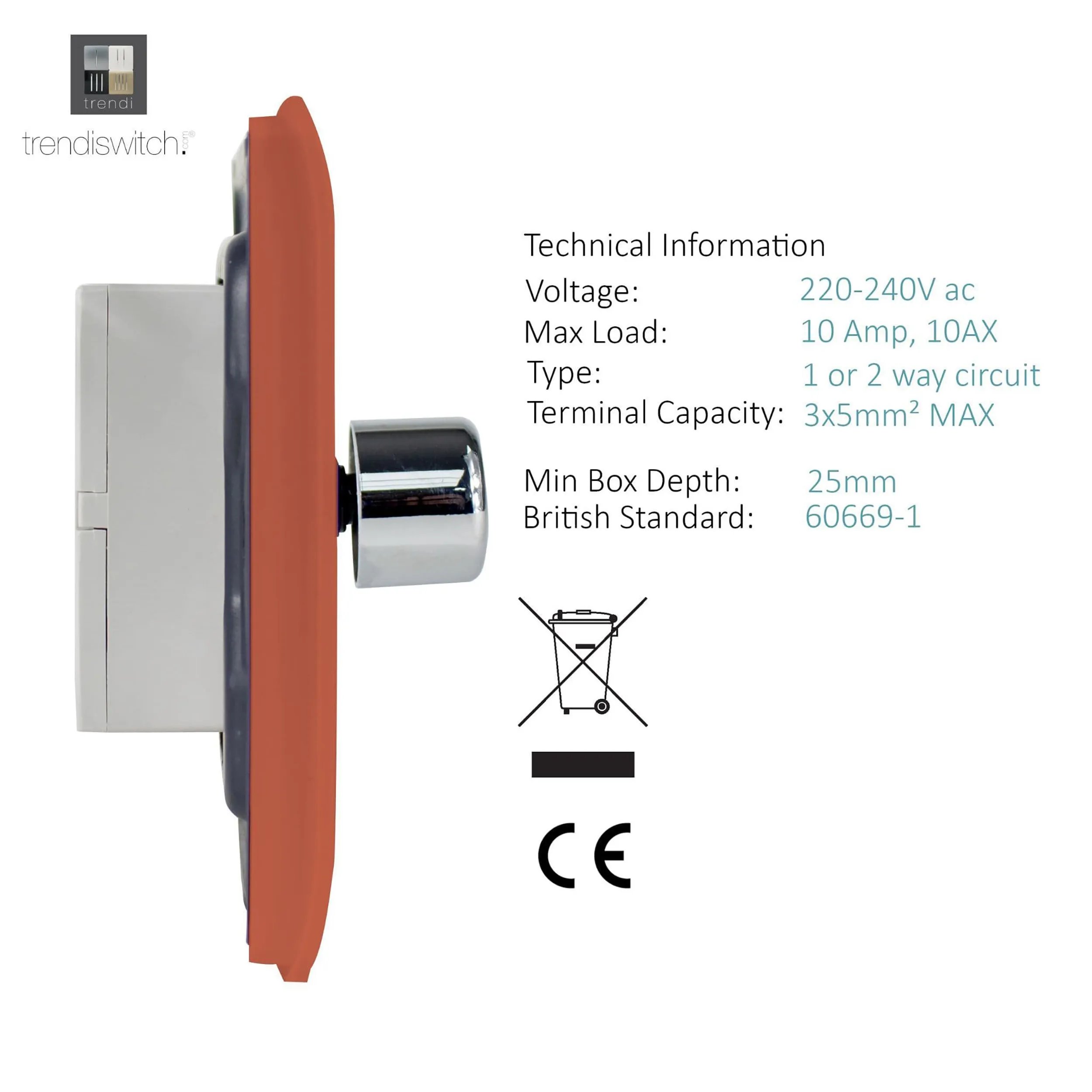 1 Gang 1 Way LED Dimmer Switch Copper ART-LDMCPR  Trendi Copper